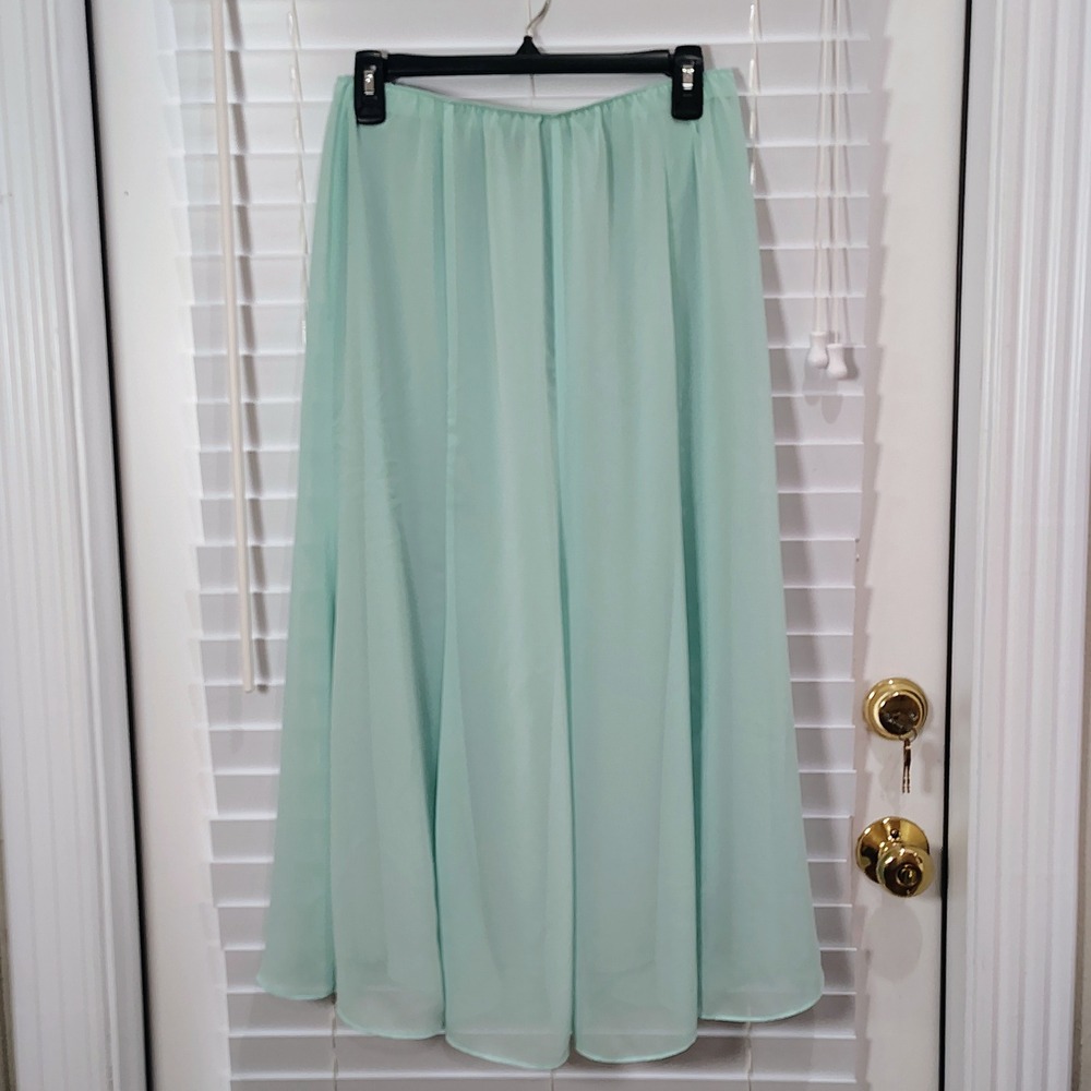 Alex Evenings Slip Skirt Womens LG Chiffon Green Maxi Pull On Whimsical Coquette
